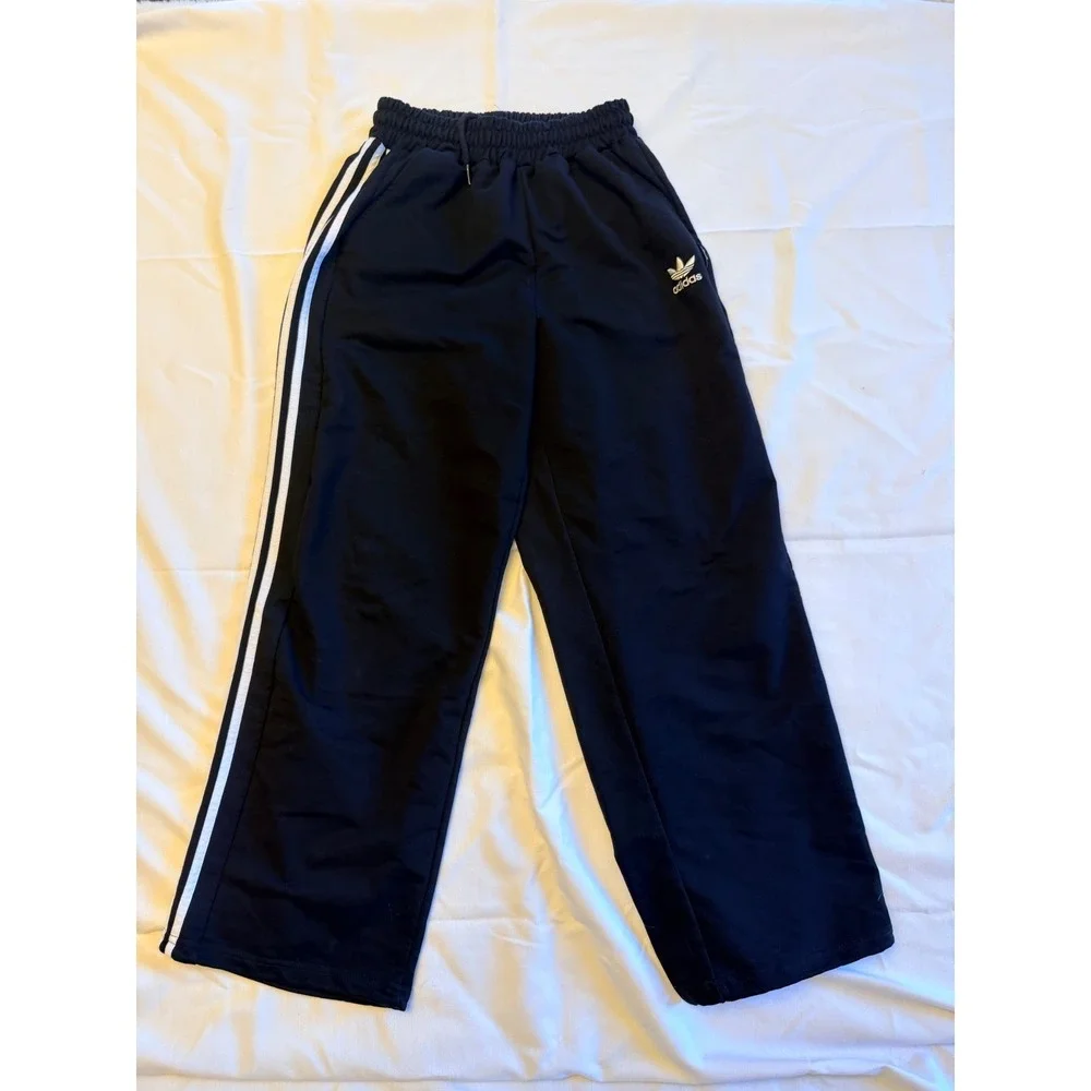 Adidas Originals Wide Leg Track Pants Black Gold Trefoil 3 Stripe Mens Large